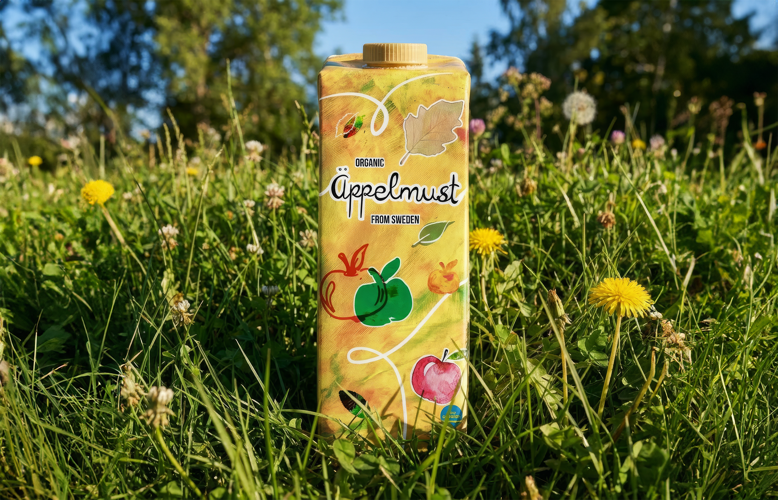 En bild av en gul pappförpackning som står i gräset