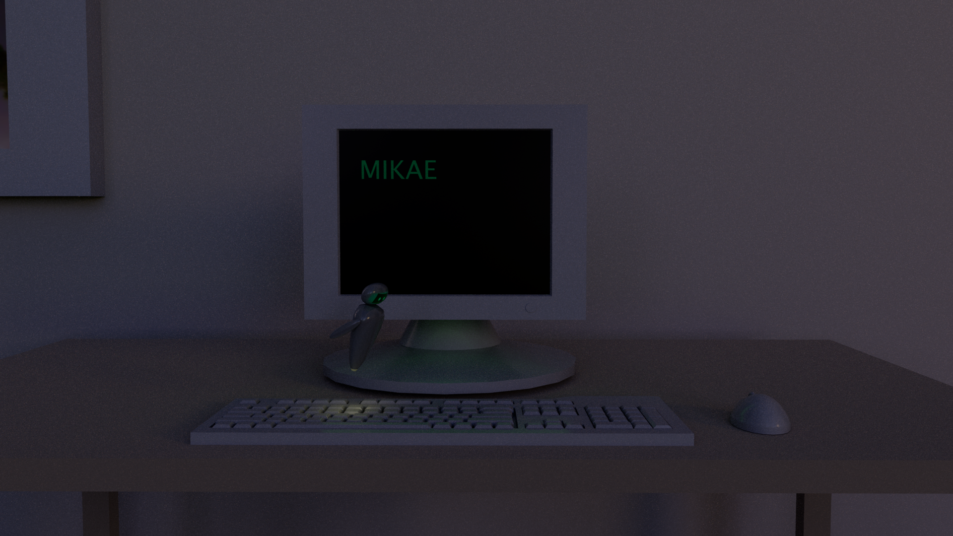img1 En animation av en robot animerad i Maya som hoppar över ett tangentbord i ett dunkelt rum