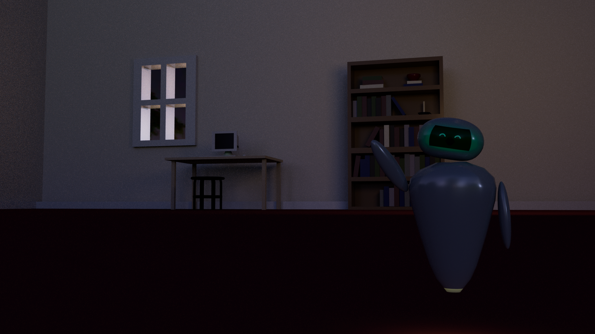 img2 En animation av en robot animerad i Maya som vinkar i ett dunkelt rum